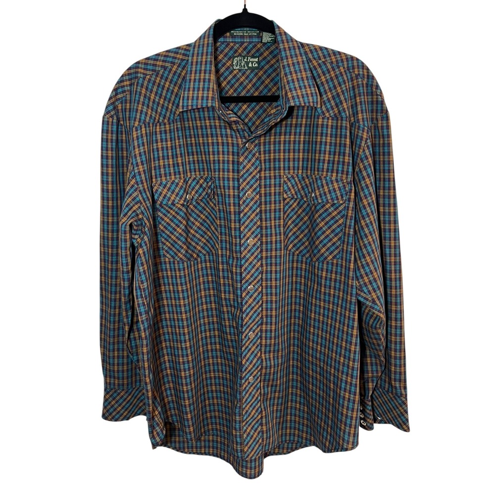 Outdoor Western Cotton Blend Gorpcore Shirt Teal Plaid Pearl Snap Yoke XL Mens